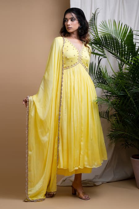 Shop Ahi Clothing Yellow Chiffon Metallic Thread, Embroidery, Mirrors Hand Anarkali Palazzo Set Online at Aza Fashions Shop_Ahi Clothing_Yellow Chiffon Metallic Thread, Embroidery, Mirrors Hand Anarkali Palazzo Set _Online_at_Aza_Fashions
