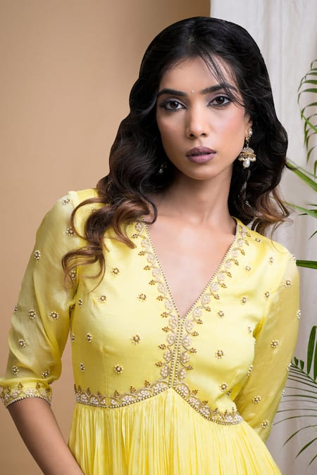 Ahi Clothing Yellow Chiffon Metallic Thread, Embroidery, Mirrors Hand Anarkali Palazzo Set at Aza Fashions Ahi Clothing_Yellow Chiffon Metallic Thread, Embroidery, Mirrors Hand Anarkali Palazzo Set _at_Aza_Fashions