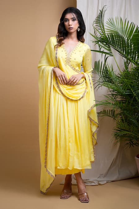 Buy Ahi Clothing Yellow Chiffon Metallic Thread, Embroidery, Mirrors Hand Anarkali Palazzo Set Buy_Ahi Clothing_Yellow Chiffon Metallic Thread, Embroidery, Mirrors Hand Anarkali Palazzo Set