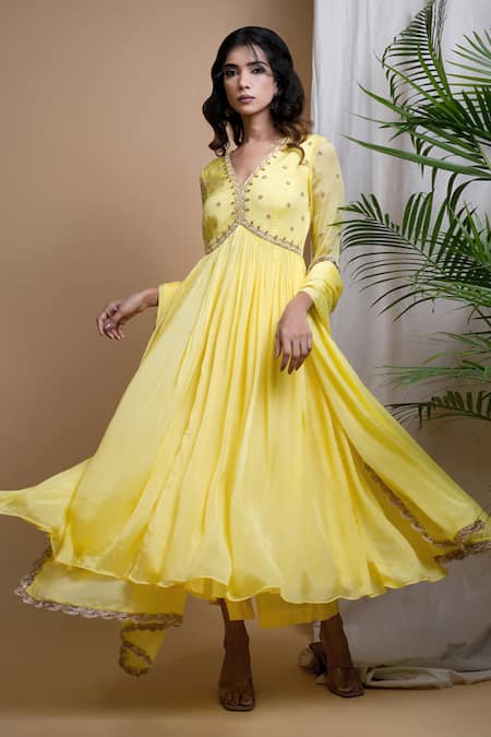 Shop Ahi Clothing Yellow Chiffon Metallic Thread, Embroidery, Mirrors Hand Anarkali Palazzo Set Shop_Ahi Clothing_Yellow Chiffon Metallic Thread, Embroidery, Mirrors Hand Anarkali Palazzo Set