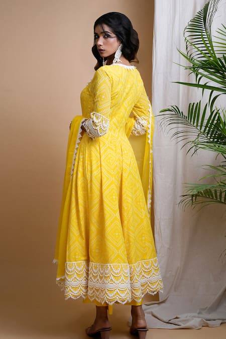 Shop Ahi Clothing Yellow Georgette, Chiffon Lace Scoop Neck Bandhani Digital Print Anarkali Set at Aza Fashions Shop_Ahi Clothing_Yellow Georgette, Chiffon Lace Scoop Neck Bandhani Digital Print Anarkali Set _at_Aza_Fashions