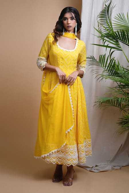 Ahi Clothing Yellow Georgette, Chiffon Lace Scoop Neck Bandhani Digital Print Anarkali Set Online at Aza Fashions Ahi Clothing_Yellow Georgette, Chiffon Lace Scoop Neck Bandhani Digital Print Anarkali Set _Online_at_Aza_Fashions