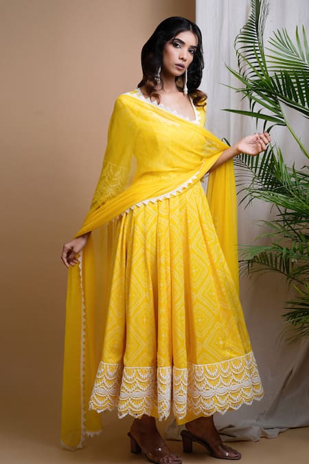 Buy Ahi Clothing Yellow Georgette, Chiffon Lace Scoop Neck Bandhani Digital Print Anarkali Set Online at Aza Fashions Buy_Ahi Clothing_Yellow Georgette, Chiffon Lace Scoop Neck Bandhani Digital Print Anarkali Set _Online_at_Aza_Fashions