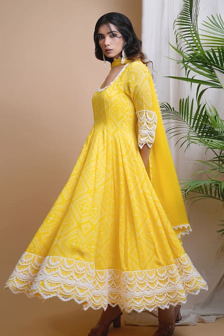 Shop Ahi Clothing Yellow Georgette, Chiffon Lace Scoop Neck Bandhani Digital Print Anarkali Set Online at Aza Fashions Shop_Ahi Clothing_Yellow Georgette, Chiffon Lace Scoop Neck Bandhani Digital Print Anarkali Set _Online_at_Aza_Fashions