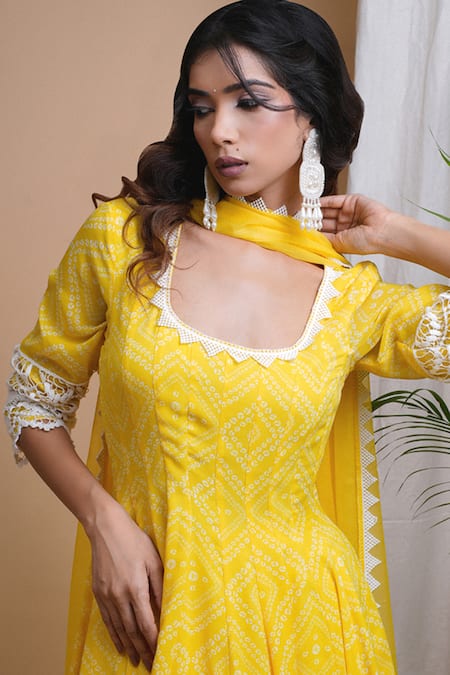 Ahi Clothing Yellow Georgette, Chiffon Lace Scoop Neck Bandhani Digital Print Anarkali Set at Aza Fashions Ahi Clothing_Yellow Georgette, Chiffon Lace Scoop Neck Bandhani Digital Print Anarkali Set _at_Aza_Fashions