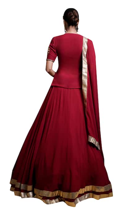 Ahi Clothing_Maroon Georgette Cut Work, Zari, Gota Patti, Hand Embroidered Lehenga Set _Online_at_Aza_Fashions