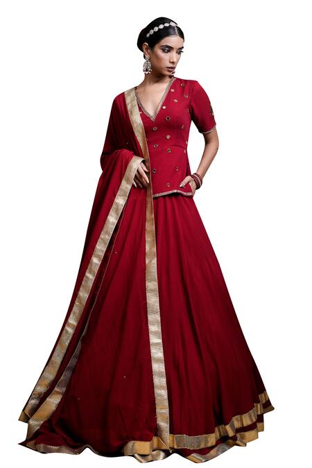 Buy_Ahi Clothing_Maroon Georgette Cut Work, Zari, Gota Patti, Hand Embroidered Lehenga Set _Online_at_Aza_Fashions