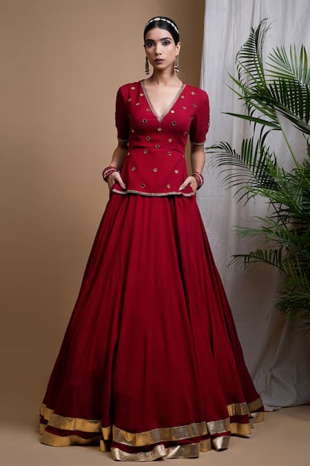 Shop_Ahi Clothing_Maroon Georgette Cut Work, Zari, Gota Patti, Hand Embroidered Lehenga Set _Online_at_Aza_Fashions