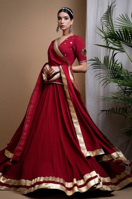 Ahi Clothing_Maroon Georgette Cut Work, Zari, Gota Patti, Hand Embroidered Lehenga Set _at_Aza_Fashions