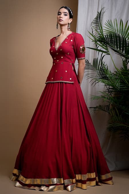 Buy_Ahi Clothing_Maroon Georgette Cut Work, Zari, Gota Patti, Hand Embroidered Lehenga Set 