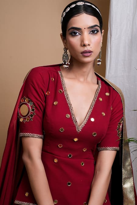 Shop_Ahi Clothing_Maroon Georgette Cut Work, Zari, Gota Patti, Hand Embroidered Lehenga Set 