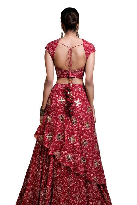 Ahi Clothing_Red Georgette, Silk Mirrors, Zari Sweetheart Bandhani Digital Print Lehenga Set _Online_at_Aza_Fashions