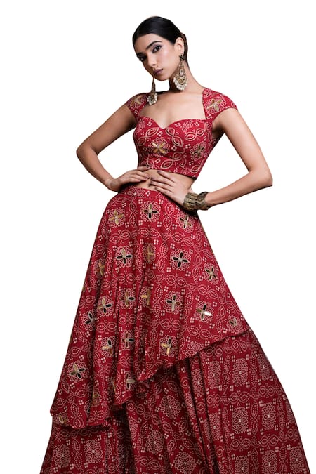 Buy_Ahi Clothing_Red Georgette, Silk Mirrors, Zari Sweetheart Bandhani Digital Print Lehenga Set _Online_at_Aza_Fashions