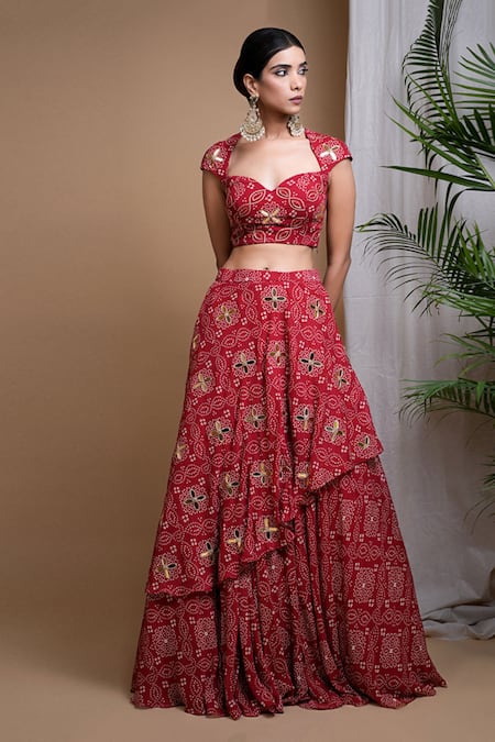 Shop_Ahi Clothing_Red Georgette, Silk Mirrors, Zari Sweetheart Bandhani Digital Print Lehenga Set _Online_at_Aza_Fashions