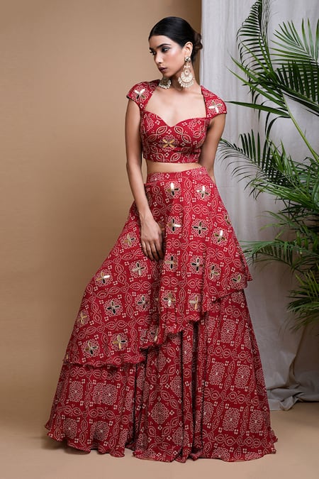 Ahi Clothing_Red Georgette, Silk Mirrors, Zari Sweetheart Bandhani Digital Print Lehenga Set _at_Aza_Fashions