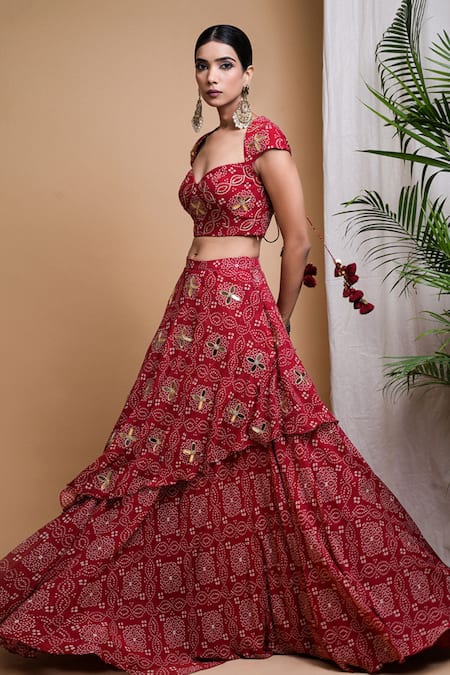 Buy_Ahi Clothing_Red Georgette, Silk Mirrors, Zari Sweetheart Bandhani Digital Print Lehenga Set 