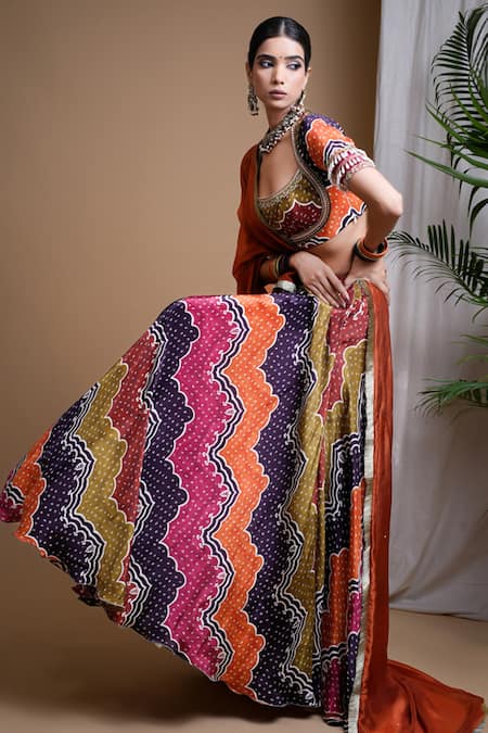 Ahi Clothing_Multi Color Crepe, Organza Pearls, Bandhani Digital Print Lehenga Blouse Set _Online_at_Aza_Fashions