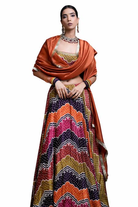 Buy_Ahi Clothing_Multi Color Crepe, Organza Pearls, Bandhani Digital Print Lehenga Blouse Set _Online_at_Aza_Fashions