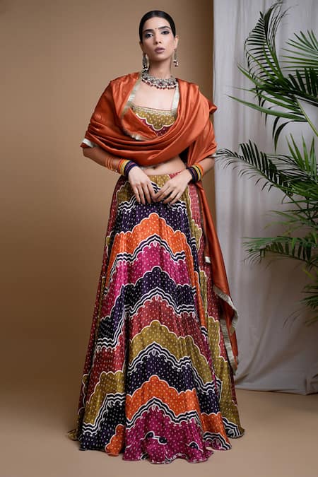 Shop_Ahi Clothing_Multi Color Crepe, Organza Pearls, Bandhani Digital Print Lehenga Blouse Set _Online_at_Aza_Fashions