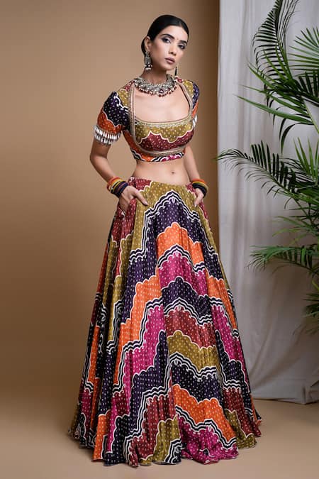 Ahi Clothing_Multi Color Crepe, Organza Pearls, Bandhani Digital Print Lehenga Blouse Set _at_Aza_Fashions