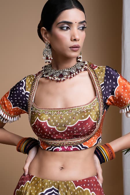 Buy_Ahi Clothing_Multi Color Crepe, Organza Pearls, Bandhani Digital Print Lehenga Blouse Set 