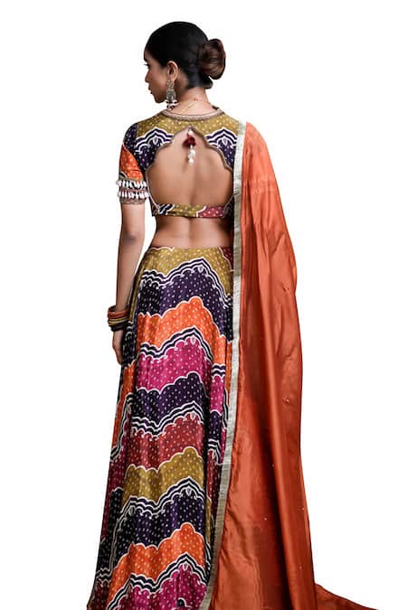 Shop_Ahi Clothing_Multi Color Crepe, Organza Pearls, Bandhani Digital Print Lehenga Blouse Set 