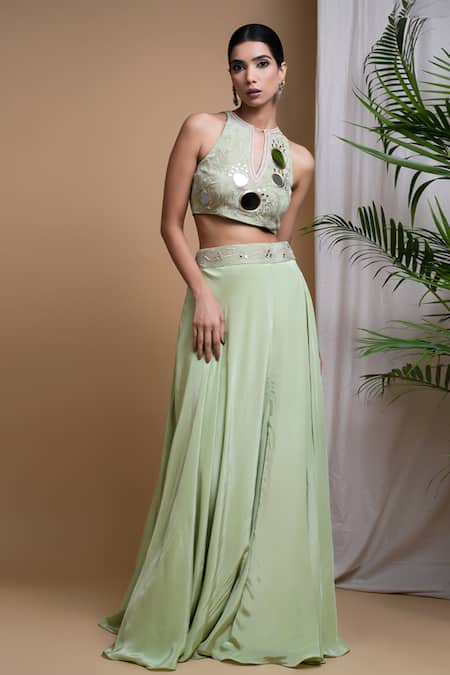 Buy_Ahi Clothing_Green Crepe Embroidery, Mirrors, Zari, Tassels Halter Skirt With Hand Blouse _Online_at_Aza_Fashions