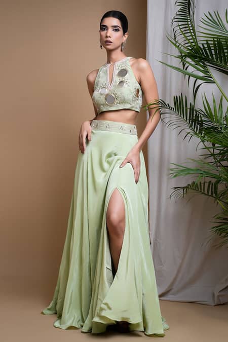 Shop_Ahi Clothing_Green Crepe Embroidery, Mirrors, Zari, Tassels Halter Skirt With Hand Blouse _Online_at_Aza_Fashions