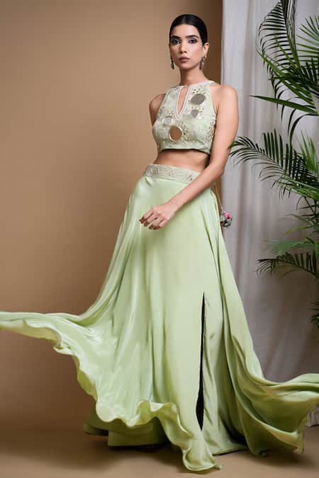 Ahi Clothing_Green Crepe Embroidery, Mirrors, Zari, Tassels Halter Skirt With Hand Blouse _at_Aza_Fashions