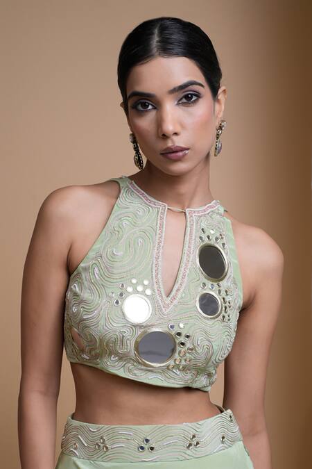 Buy_Ahi Clothing_Green Crepe Embroidery, Mirrors, Zari, Tassels Halter Skirt With Hand Blouse 