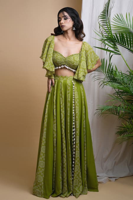 Ahi Clothing Green Heavy Georgette Digital Print Floral Sweetheart Skirt With Blouse 