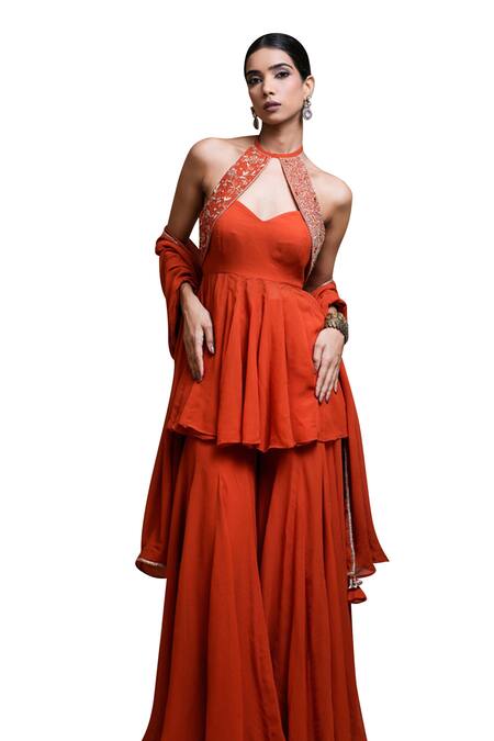 Ahi Clothing_Orange Georgette Gota Patti, Mirrors, Hand Embroidered Peplum Kurta Palazzo Set _Online_at_Aza_Fashions