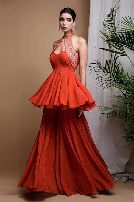 Ahi Clothing_Orange Georgette Gota Patti, Mirrors, Hand Embroidered Peplum Kurta Palazzo Set _at_Aza_Fashions
