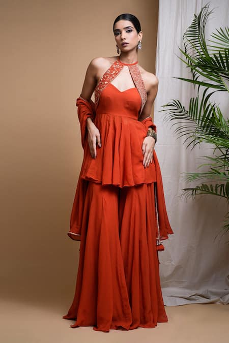 Shop_Ahi Clothing_Orange Georgette Gota Patti, Mirrors, Hand Embroidered Peplum Kurta Palazzo Set 