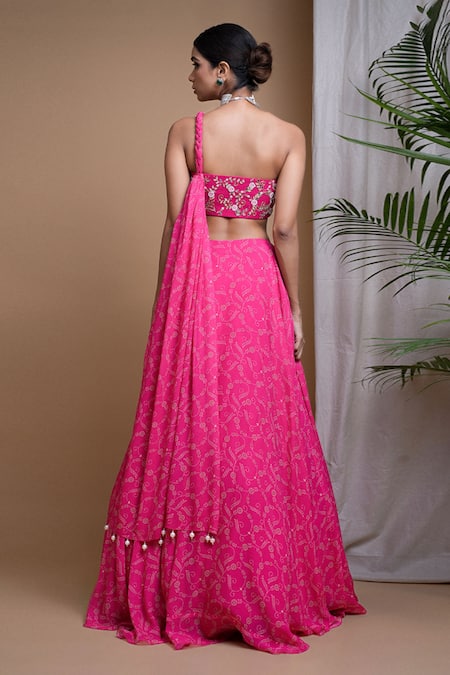 Shop Ahi Clothing Pink Georgette Embroidery, Sequins, Floral Digital Print Lehenga With Bustier at Aza Fashions Shop_Ahi Clothing_Pink Georgette Embroidery, Sequins, Floral Digital Print Lehenga With Bustier _at_Aza_Fashions
