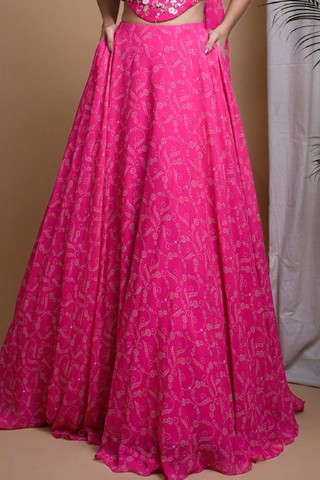 Ahi Clothing Pink Georgette Embroidery, Sequins, Floral Digital Print Lehenga With Bustier Online at Aza Fashions Ahi Clothing_Pink Georgette Embroidery, Sequins, Floral Digital Print Lehenga With Bustier _Online_at_Aza_Fashions
