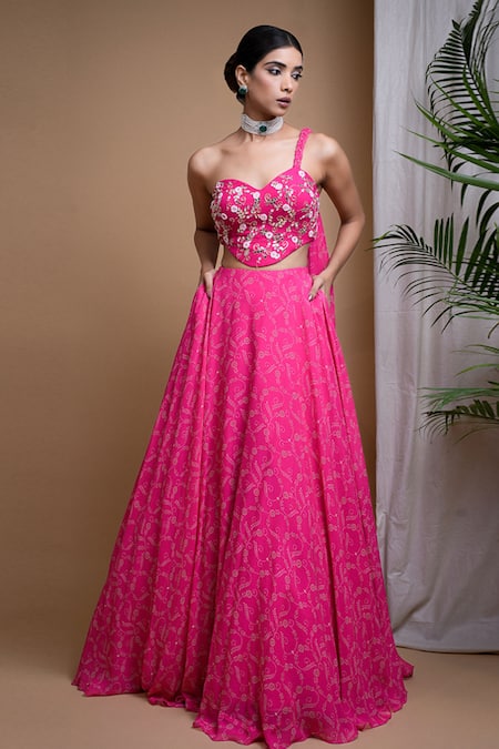 Shop Ahi Clothing Pink Georgette Embroidery, Sequins, Floral Digital Print Lehenga With Bustier Online at Aza Fashions Shop_Ahi Clothing_Pink Georgette Embroidery, Sequins, Floral Digital Print Lehenga With Bustier _Online_at_Aza_Fashions