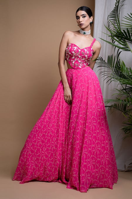 Ahi Clothing Pink Georgette Embroidery, Sequins, Floral Digital Print Lehenga With Bustier at Aza Fashions Ahi Clothing_Pink Georgette Embroidery, Sequins, Floral Digital Print Lehenga With Bustier _at_Aza_Fashions