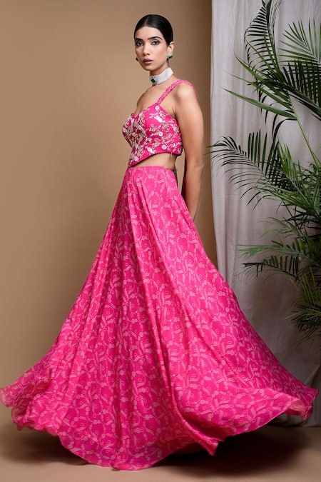 Buy Ahi Clothing Pink Georgette Embroidery, Sequins, Floral Digital Print Lehenga With Bustier Buy_Ahi Clothing_Pink Georgette Embroidery, Sequins, Floral Digital Print Lehenga With Bustier