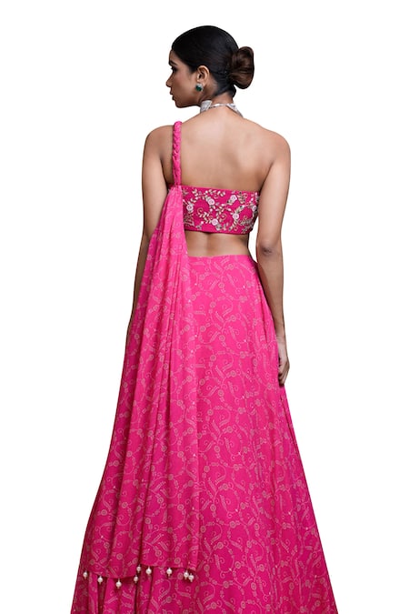Shop Ahi Clothing Pink Georgette Embroidery, Sequins, Floral Digital Print Lehenga With Bustier Shop_Ahi Clothing_Pink Georgette Embroidery, Sequins, Floral Digital Print Lehenga With Bustier