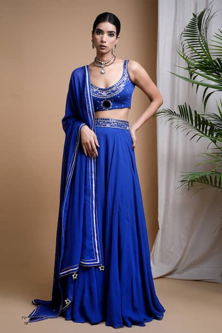 Ahi Clothing Blue Heavy Georgette Hand Embroidered Mirrors U Neck Slit Lehenga Blouse Set 