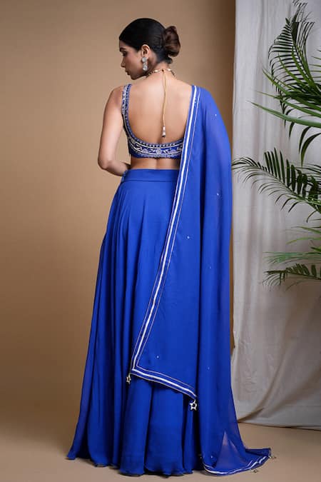 Shop Ahi Clothing Blue Georgette, Linen Mirrors, Sequins, Slit Lehenga Hand Embroidered Blouse Set at Aza Fashions Shop_Ahi Clothing_Blue Georgette, Linen Mirrors, Sequins, Slit Lehenga Hand Embroidered Blouse Set _at_Aza_Fashions