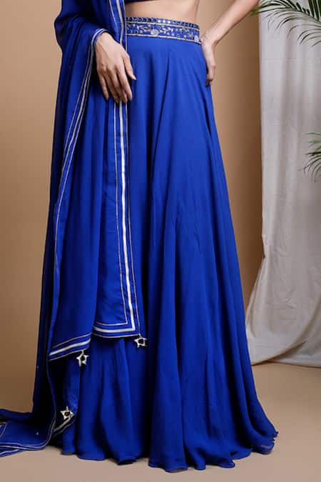 Ahi Clothing Blue Georgette, Linen Mirrors, Sequins, Slit Lehenga Hand Embroidered Blouse Set Online at Aza Fashions Ahi Clothing_Blue Georgette, Linen Mirrors, Sequins, Slit Lehenga Hand Embroidered Blouse Set _Online_at_Aza_Fashions