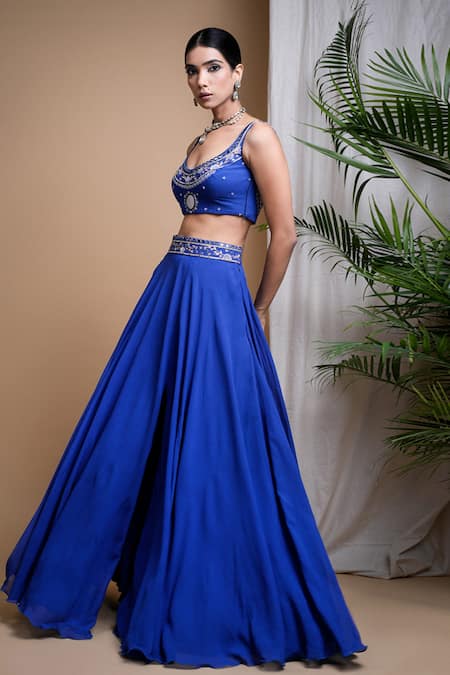 Ahi Clothing Blue Georgette, Linen Mirrors, Sequins, Slit Lehenga Hand Embroidered Blouse Set at Aza Fashions Ahi Clothing_Blue Georgette, Linen Mirrors, Sequins, Slit Lehenga Hand Embroidered Blouse Set _at_Aza_Fashions