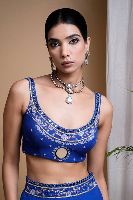 Buy Ahi Clothing Blue Georgette, Linen Mirrors, Sequins, Slit Lehenga Hand Embroidered Blouse Set Buy_Ahi Clothing_Blue Georgette, Linen Mirrors, Sequins, Slit Lehenga Hand Embroidered Blouse Set