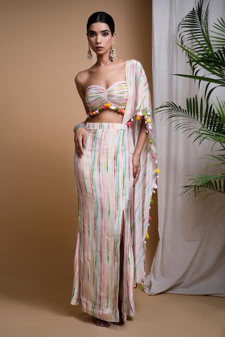 Buy Ahi Clothing White Crepe Fringe Sweetheart Linear Digital Print Draped Skirt With Bustier Online at Aza Fashions Buy_Ahi Clothing_White Crepe Fringe Sweetheart Linear Digital Print Draped Skirt With Bustier _Online_at_Aza_Fashions