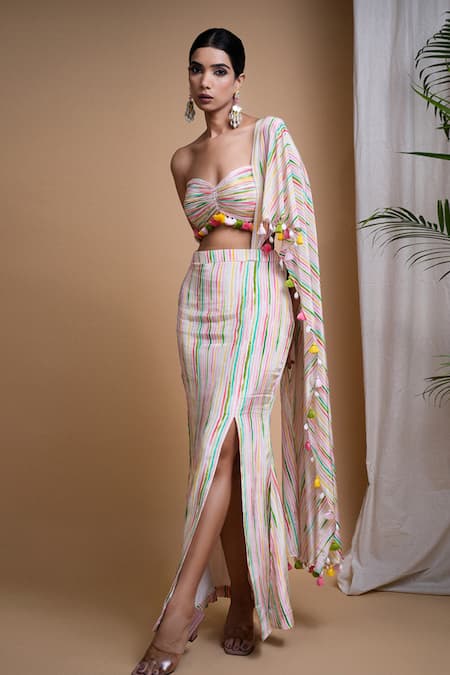 Shop Ahi Clothing White Crepe Fringe Sweetheart Linear Digital Print Draped Skirt With Bustier Online at Aza Fashions Shop_Ahi Clothing_White Crepe Fringe Sweetheart Linear Digital Print Draped Skirt With Bustier _Online_at_Aza_Fashions