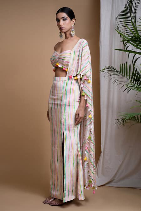 Ahi Clothing White Crepe Fringe Sweetheart Linear Digital Print Draped Skirt With Bustier at Aza Fashions Ahi Clothing_White Crepe Fringe Sweetheart Linear Digital Print Draped Skirt With Bustier _at_Aza_Fashions