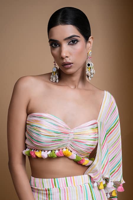 Buy Ahi Clothing White Crepe Fringe Sweetheart Linear Digital Print Draped Skirt With Bustier Buy_Ahi Clothing_White Crepe Fringe Sweetheart Linear Digital Print Draped Skirt With Bustier