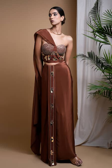 Ahi Clothing Brown Heavy Crepe Hand Embroidered Mirrors Embellished Corset With Draped Skirt 